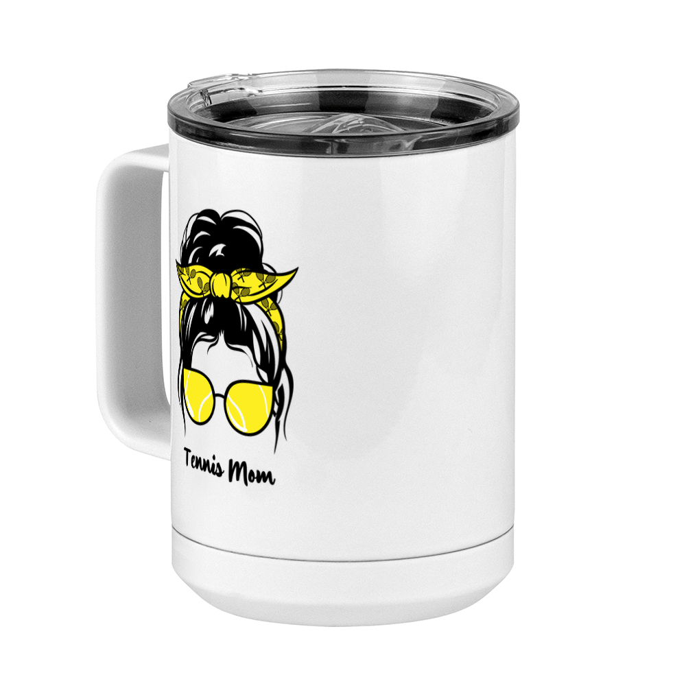 Personalized Messy Bun Coffee Mug Tumbler with Handle (15 oz) - Tennis Mom - Front Left View