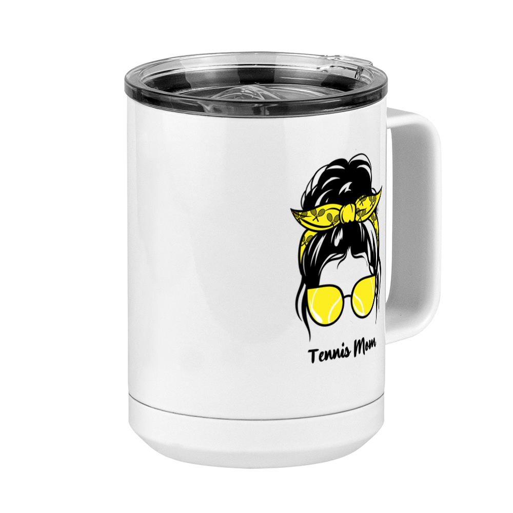 Personalized Messy Bun Coffee Mug Tumbler with Handle (15 oz) - Tennis Mom - Front Right View