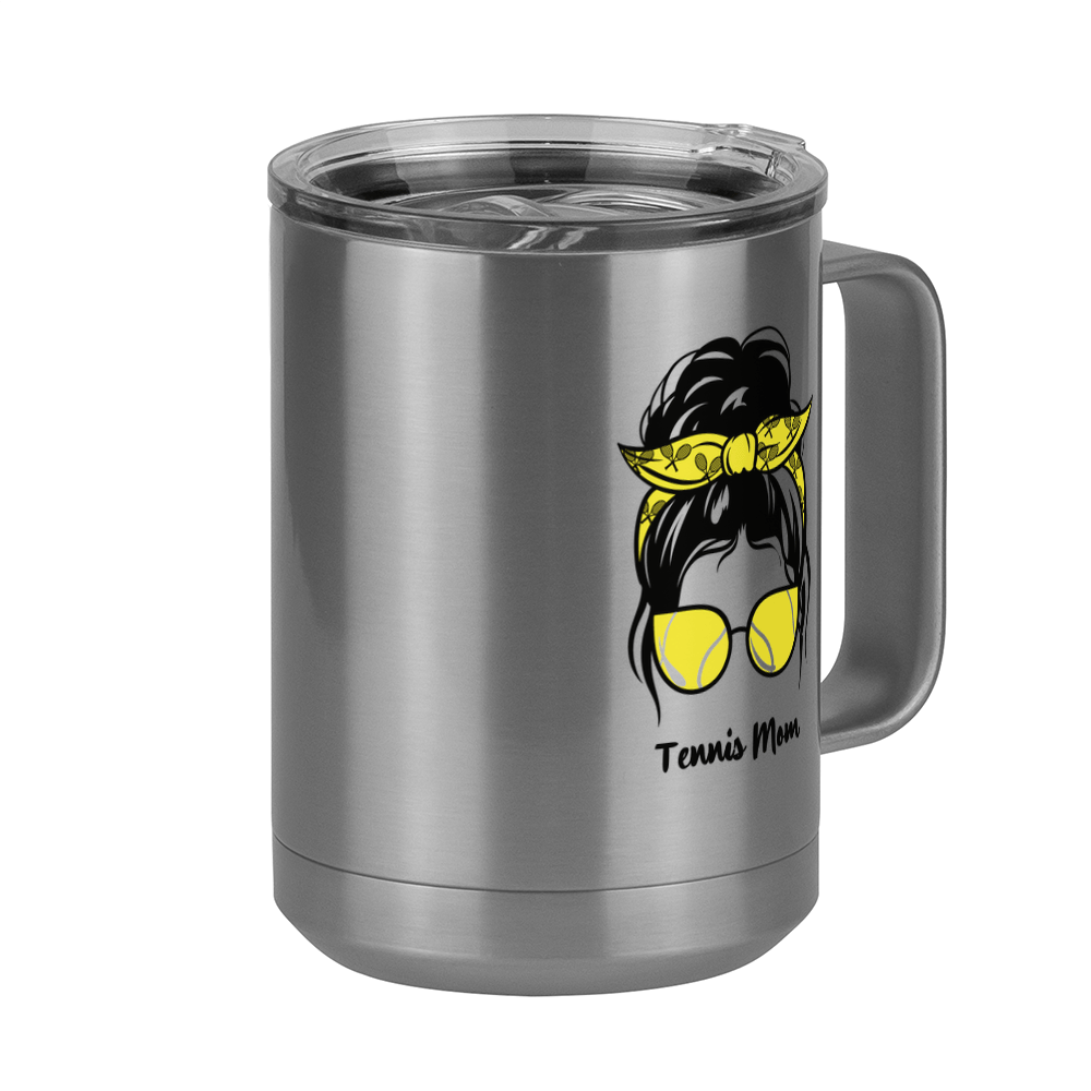 Personalized Messy Bun Coffee Mug Tumbler with Handle (15 oz) - Tennis Mom - Front Right View