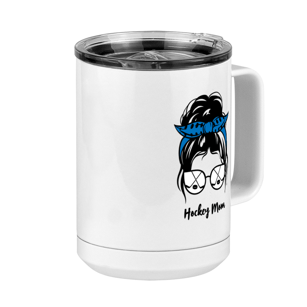 Personalized Messy Bun Coffee Mug Tumbler with Handle (15 oz) - Hockey Mom - Front Right View