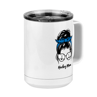Thumbnail for Personalized Messy Bun Coffee Mug Tumbler with Handle (15 oz) - Hockey Mom - Front Right View
