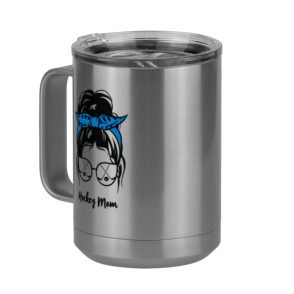 Personalized Messy Bun Coffee Mug Tumbler with Handle (15 oz) - Hockey Mom - Front Left View