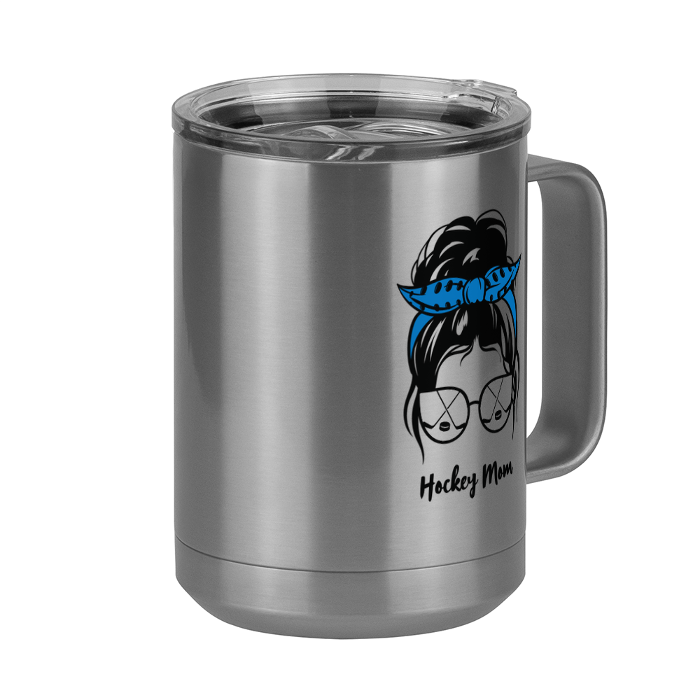 Personalized Messy Bun Coffee Mug Tumbler with Handle (15 oz) - Hockey Mom - Front Right View