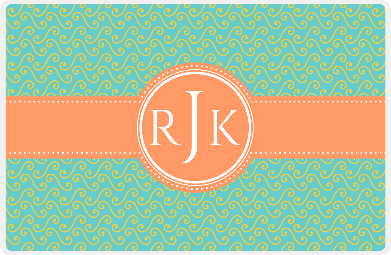 Personalized Mod 3 Placemat - Viking Blue and Mustard - Tangerine Circle Frame with Ribbon -  View