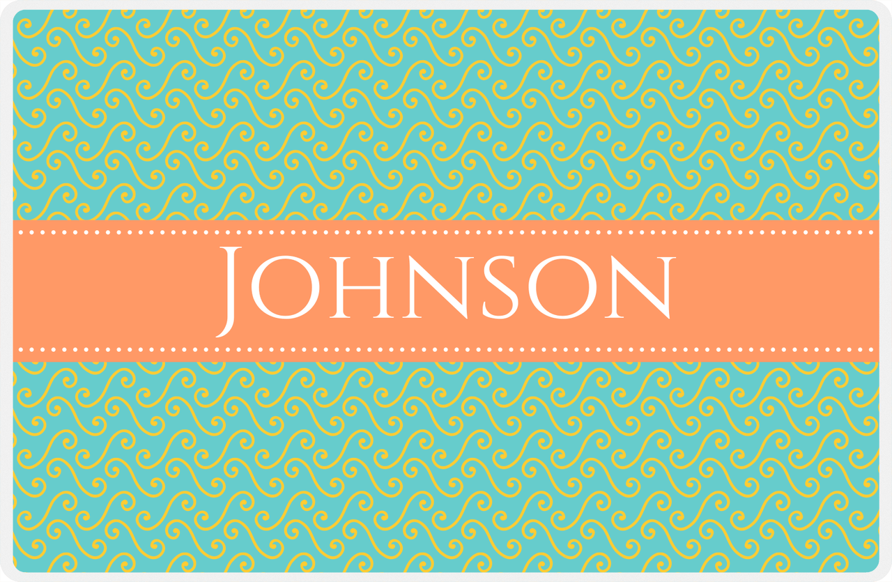 Personalized Mod 3 Placemat - Viking Blue and Mustard - Tangerine Ribbon Frame -  View