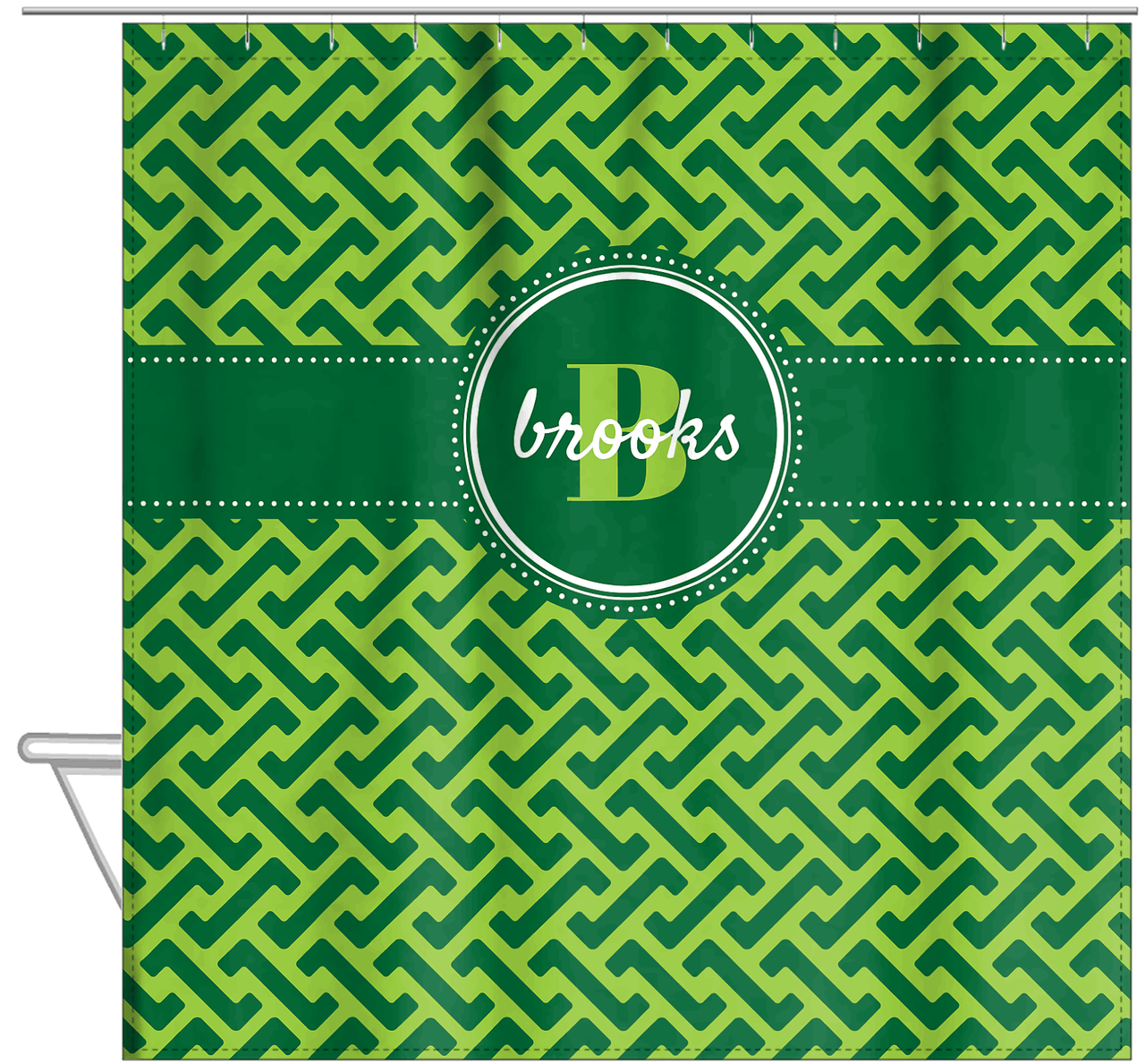 Personalized Mod I Shower Curtain - Green - Circle Ribbon Nameplate - Hanging View