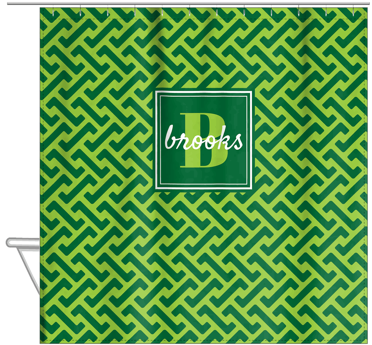 Personalized Mod I Shower Curtain - Green - Square Nameplate - Hanging View