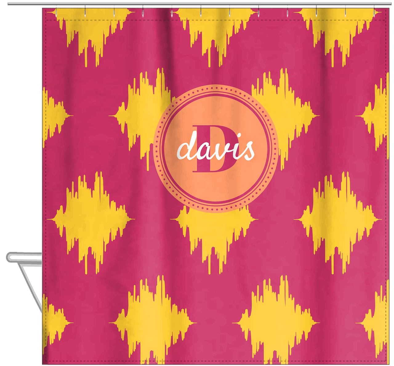 Personalized Montauk Shower Curtain - Cabaret and Mustard - Circle Nameplate - Hanging View