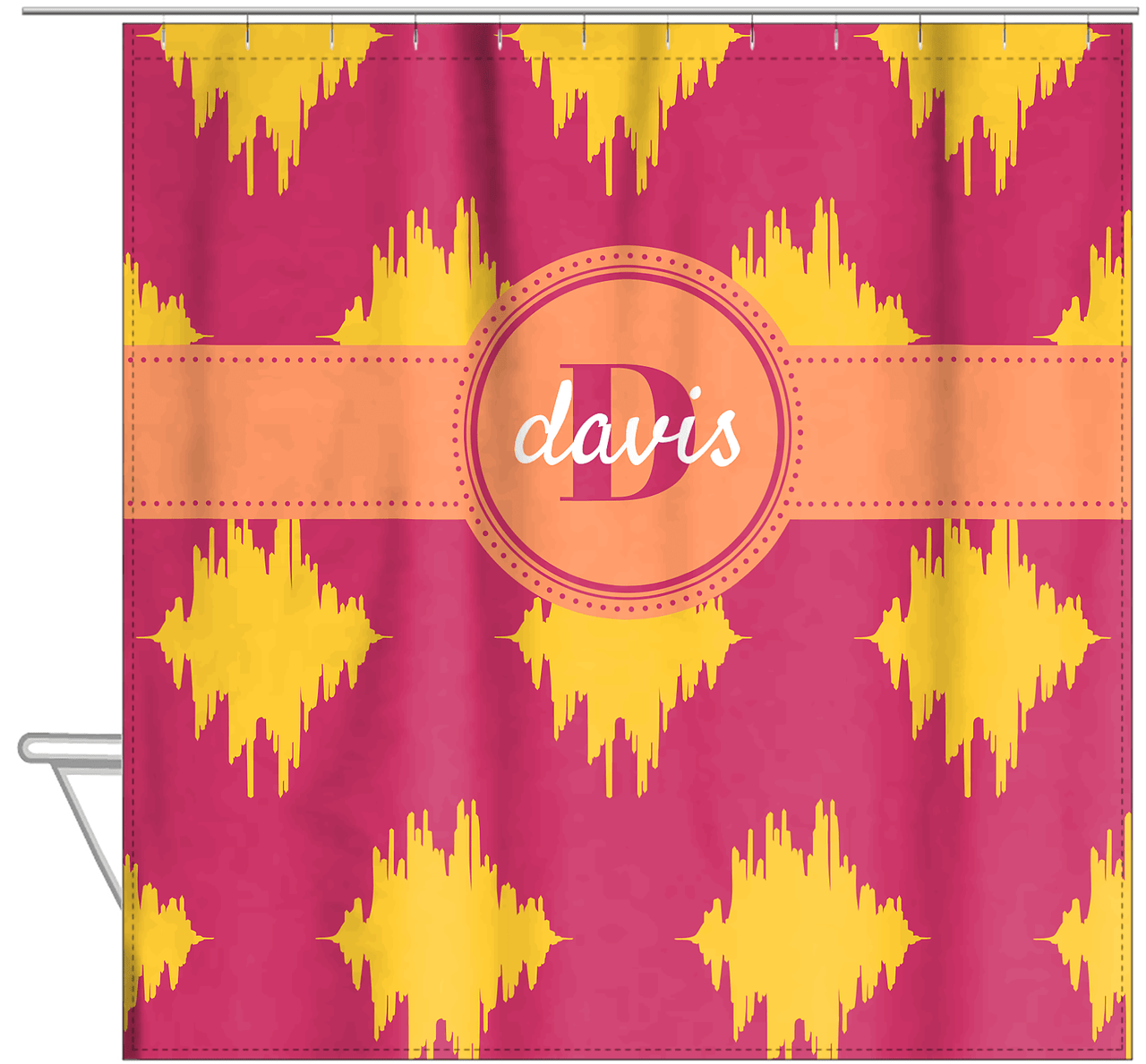Personalized Montauk Shower Curtain - Cabaret and Mustard - Circle Ribbon Nameplate - Hanging View