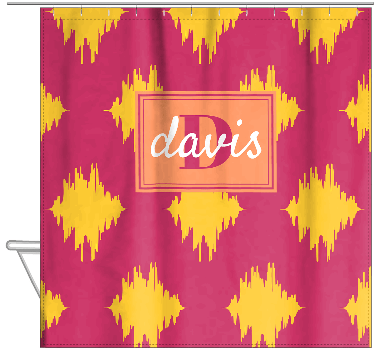 Personalized Montauk Shower Curtain - Cabaret and Mustard - Rectangle Nameplate - Hanging View