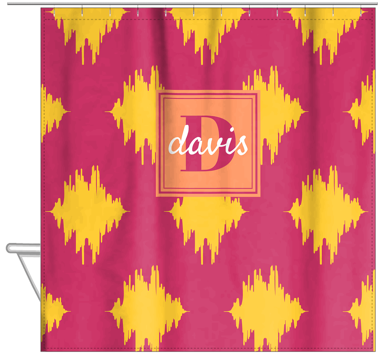 Personalized Montauk Shower Curtain - Cabaret and Mustard - Square Nameplate - Hanging View