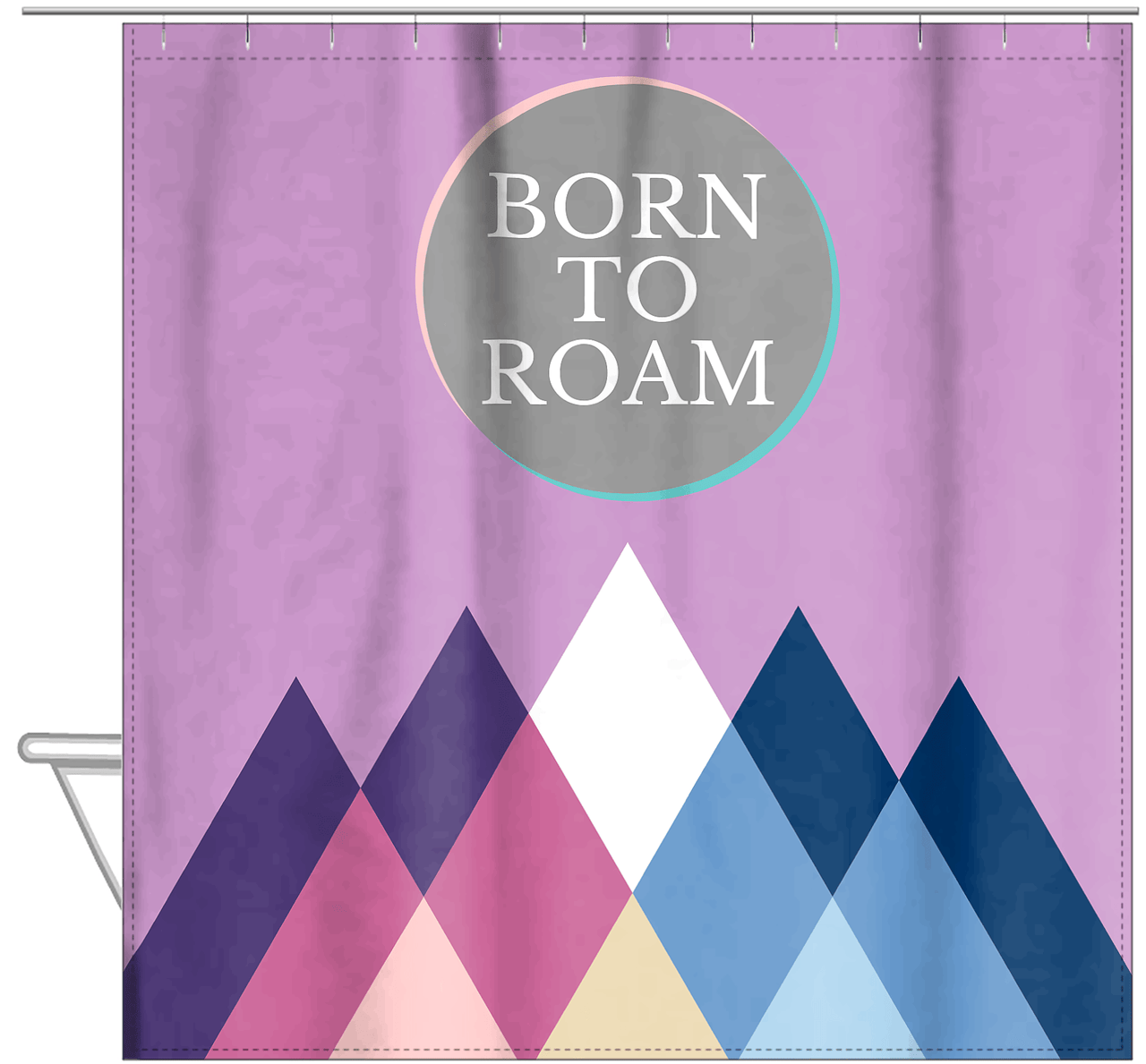 Personalized Mountain Range Shower Curtain - Purple Background - Born To Roam - Hanging View