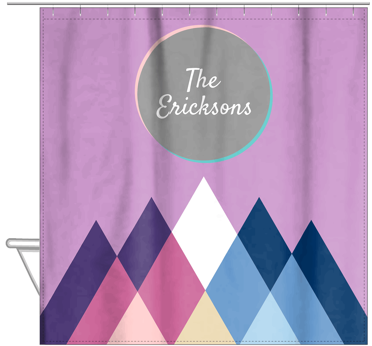 Personalized Mountain Range Shower Curtain - Purple Background - Family Name - Hanging View