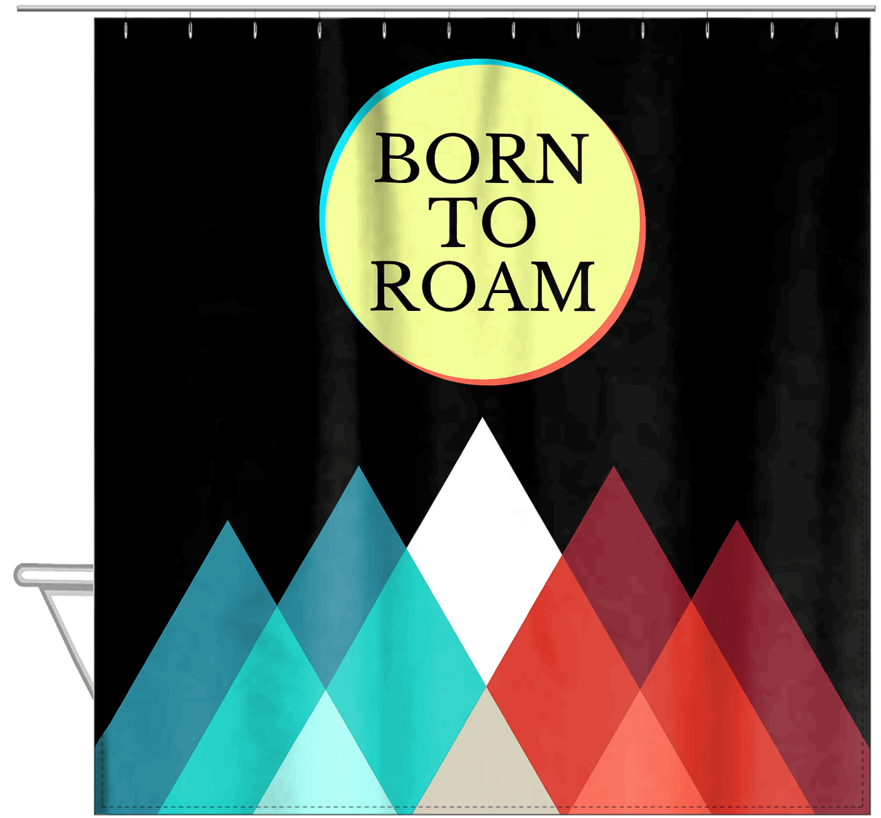 Personalized Mountain Range Shower Curtain - Black Background - Born To Roam - Hanging View