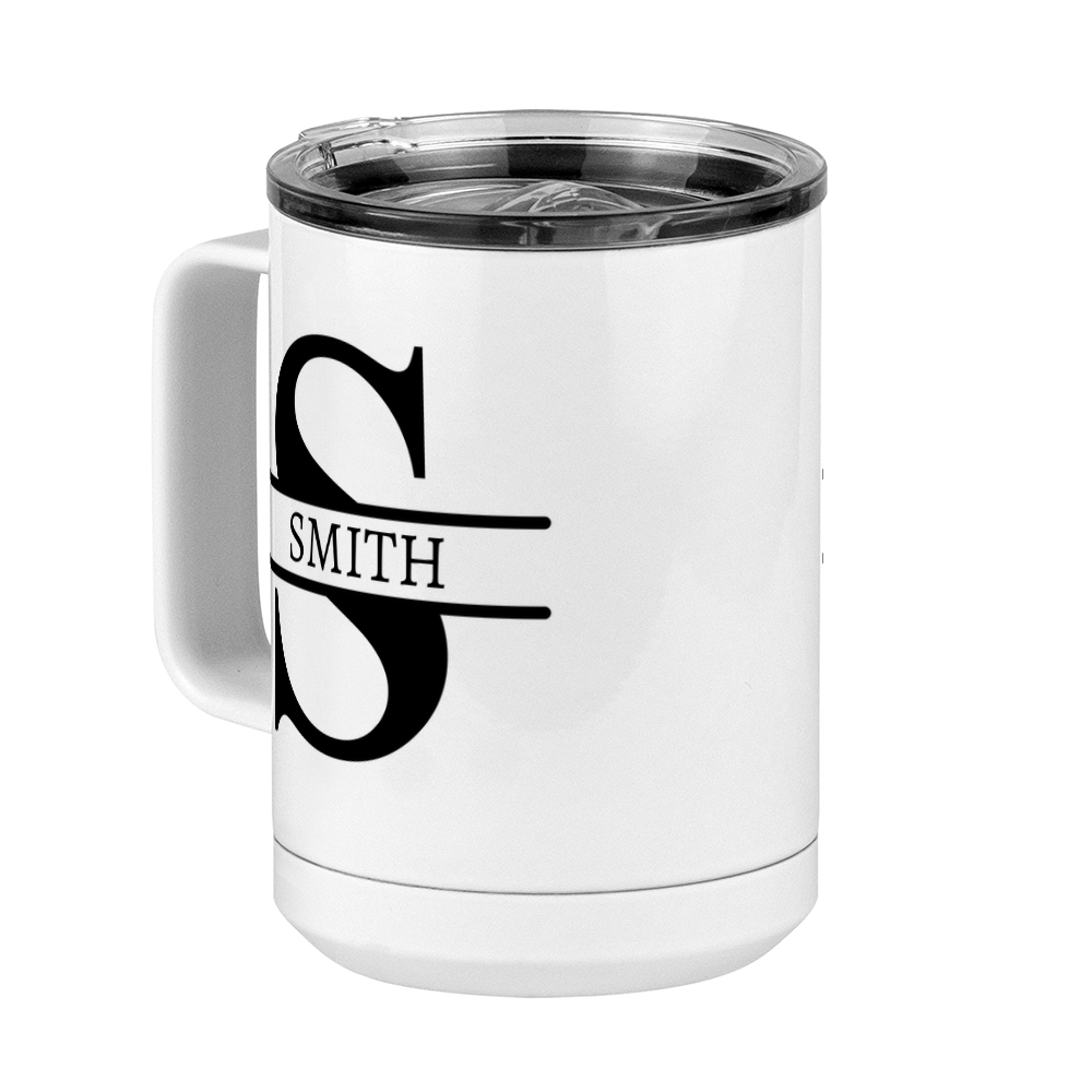 Personalized Name & Initial Coffee Mug Tumbler with Handle (15 oz) - Front Left View