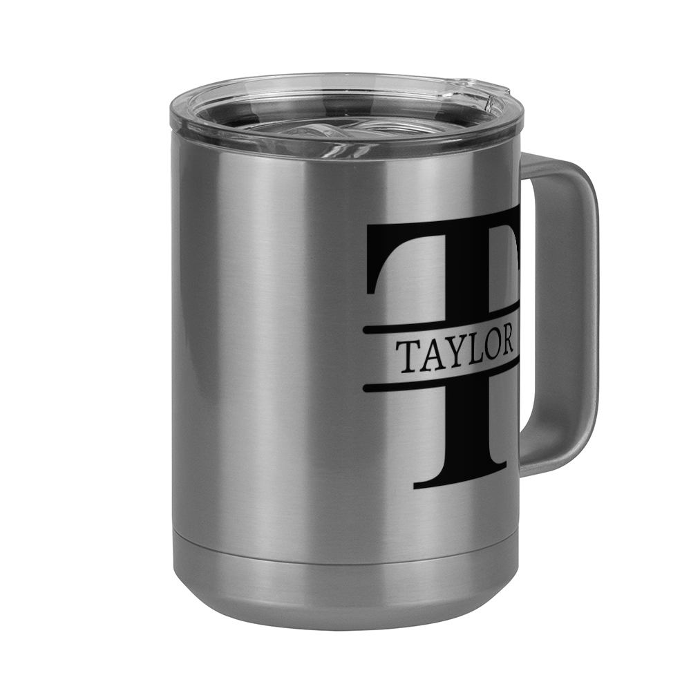 Personalized Name & Initial Coffee Mug Tumbler with Handle (15 oz) - Front Right View