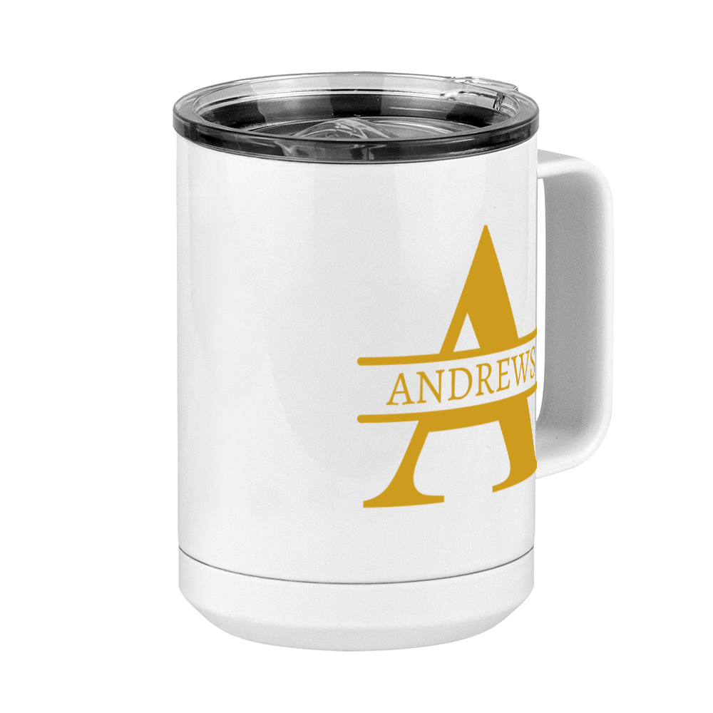 Personalized Name & Initial Coffee Mug Tumbler with Handle (15 oz) - Gold Letters - Front Right View