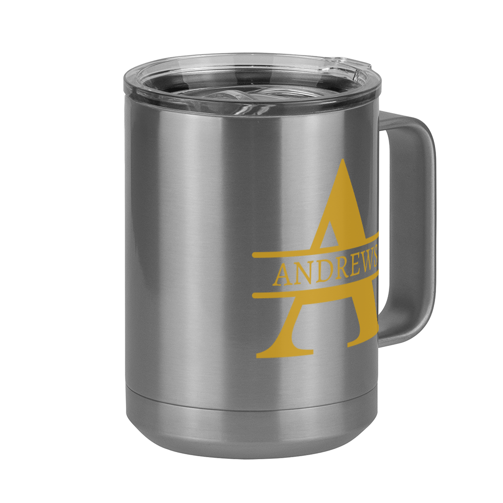 Personalized Name & Initial Coffee Mug Tumbler with Handle (15 oz) - Gold Letters - Front Right View