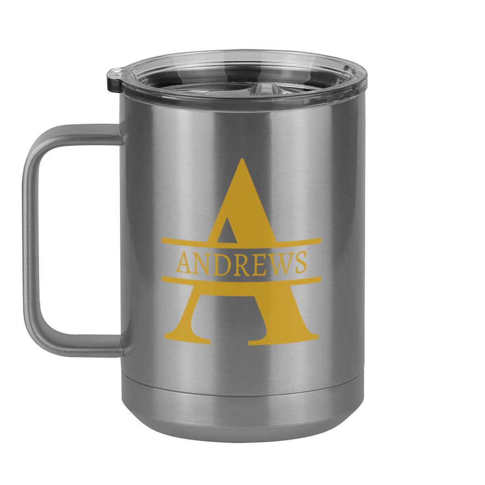 Personalized Name & Initial Coffee Mug Tumbler with Handle (15 oz) - Gold Letters - Left View