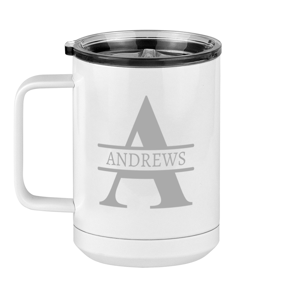 Personalized Name & Initial Coffee Mug Tumbler with Handle (15 oz) - Grey Letters - Left View