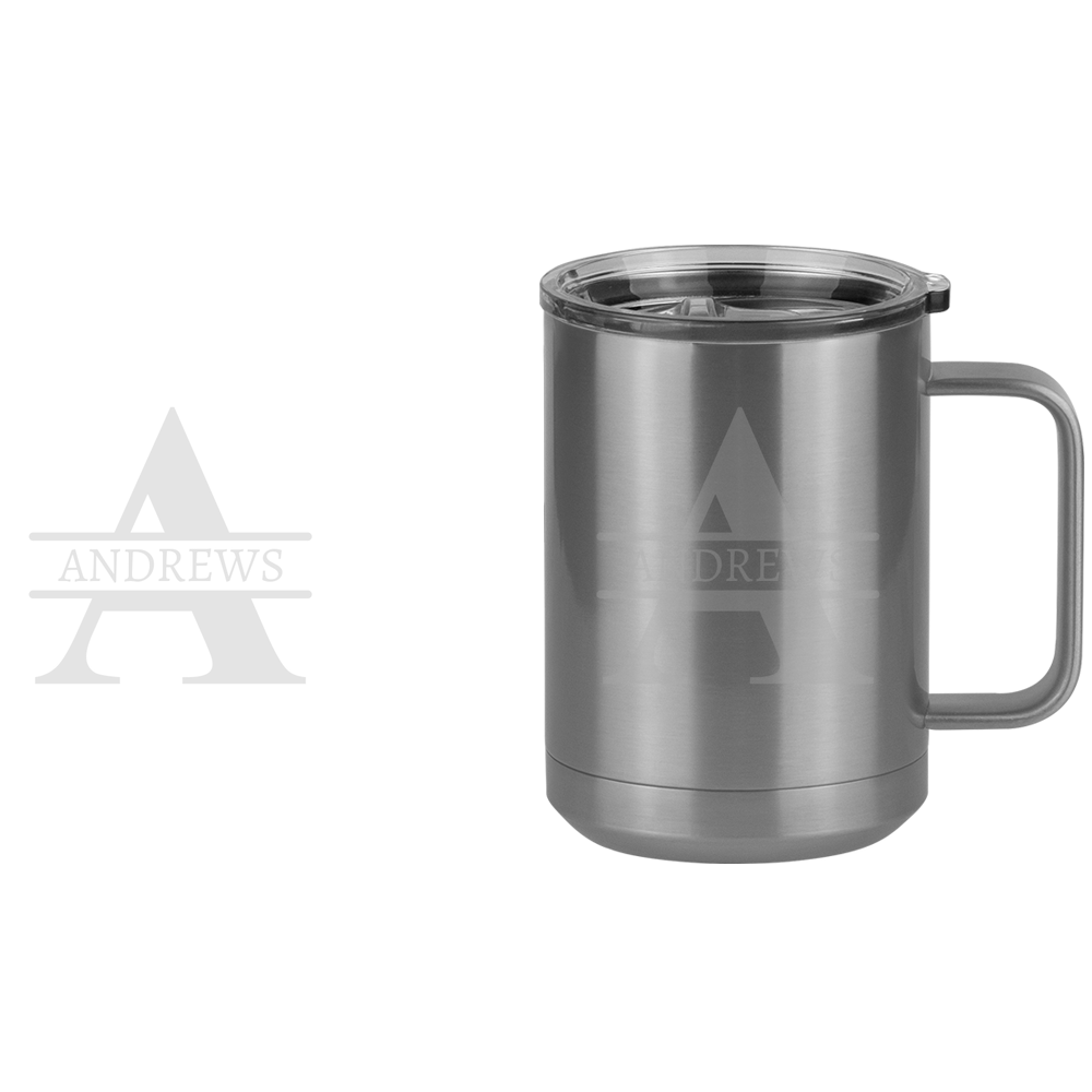 Personalized Name & Initial Coffee Mug Tumbler with Handle (15 oz) - Grey Letters - Design View