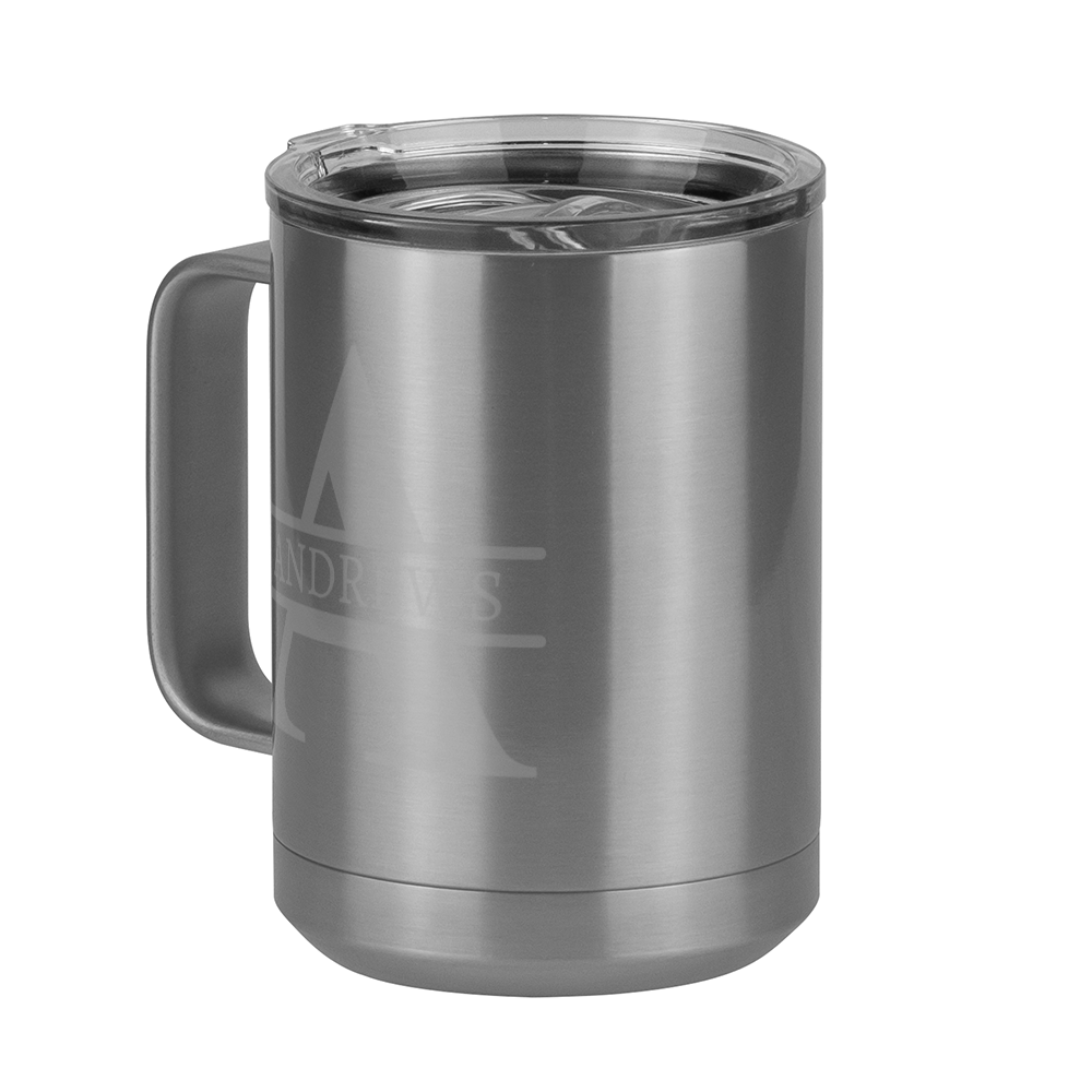 Personalized Name & Initial Coffee Mug Tumbler with Handle (15 oz) - Grey Letters - Front Left View