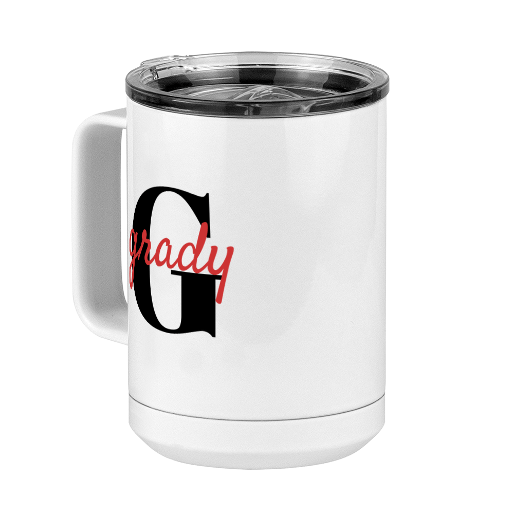 Personalized Name Over Initial Coffee Mug Tumbler with Handle (15 oz) - Front Left View