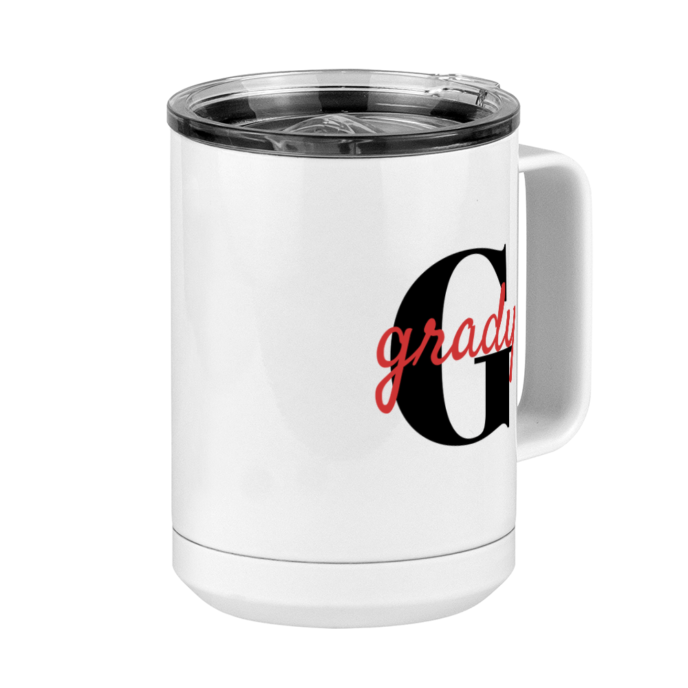 Personalized Name Over Initial Coffee Mug Tumbler with Handle (15 oz) - Front Right View
