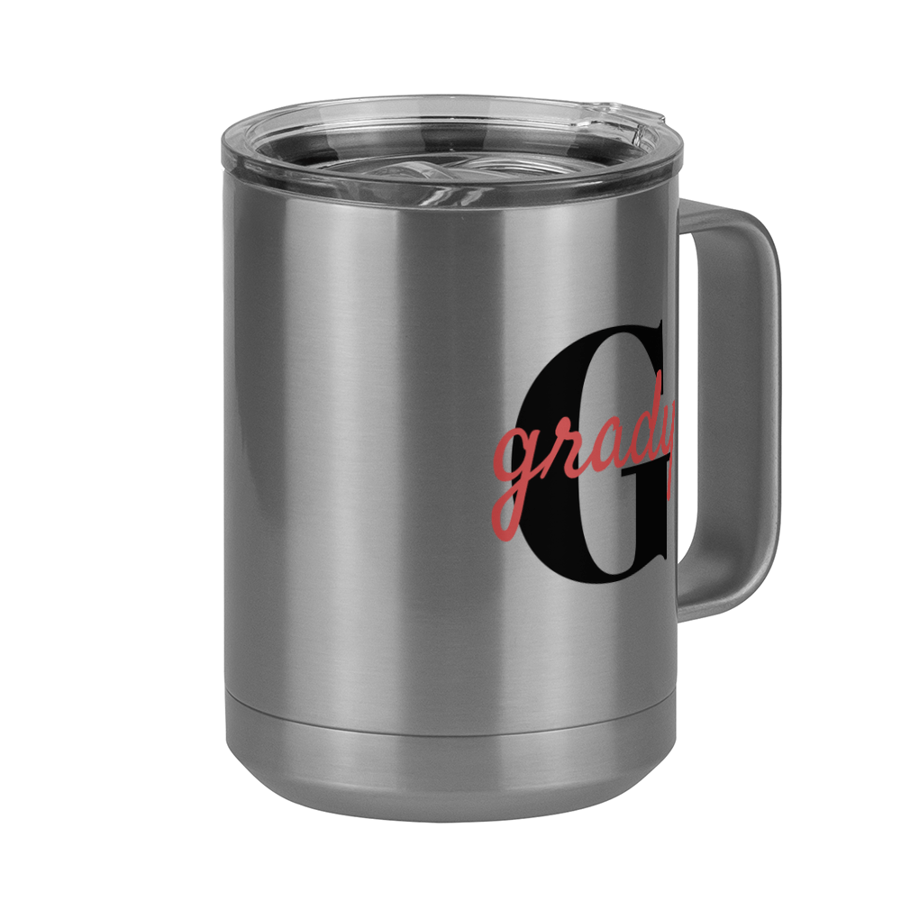 Personalized Name Over Initial Coffee Mug Tumbler with Handle (15 oz) - Front Right View