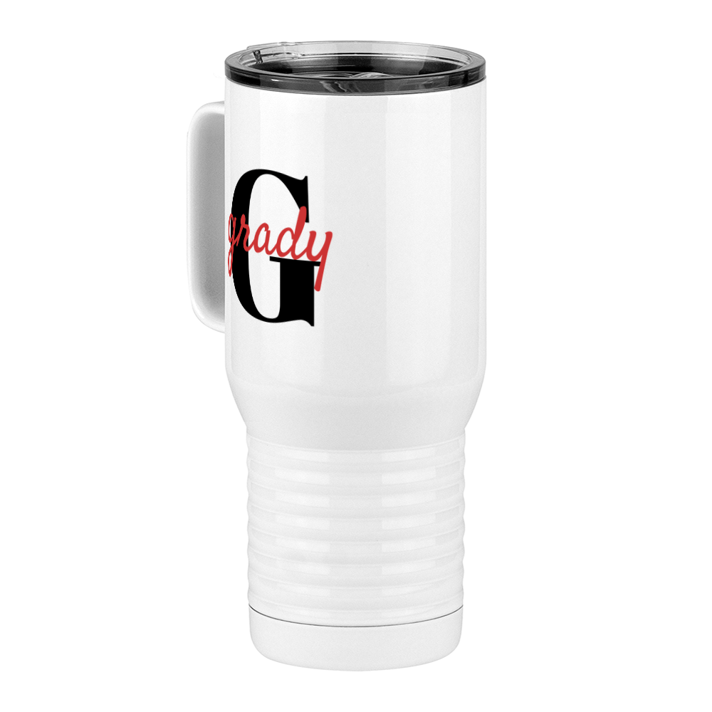 Personalized Name Over Initial Travel Coffee Mug Tumbler with Handle (20 oz) - Front Left View