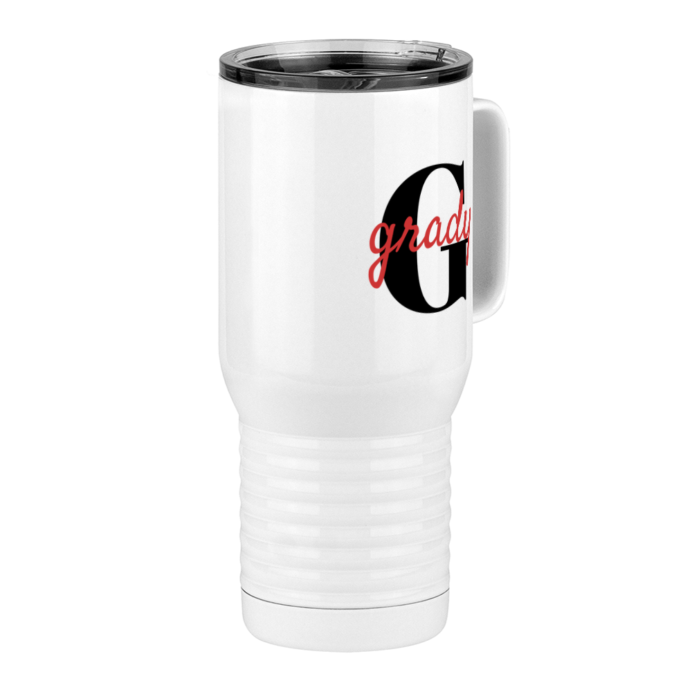Personalized Name Over Initial Travel Coffee Mug Tumbler with Handle (20 oz) - Front Right View
