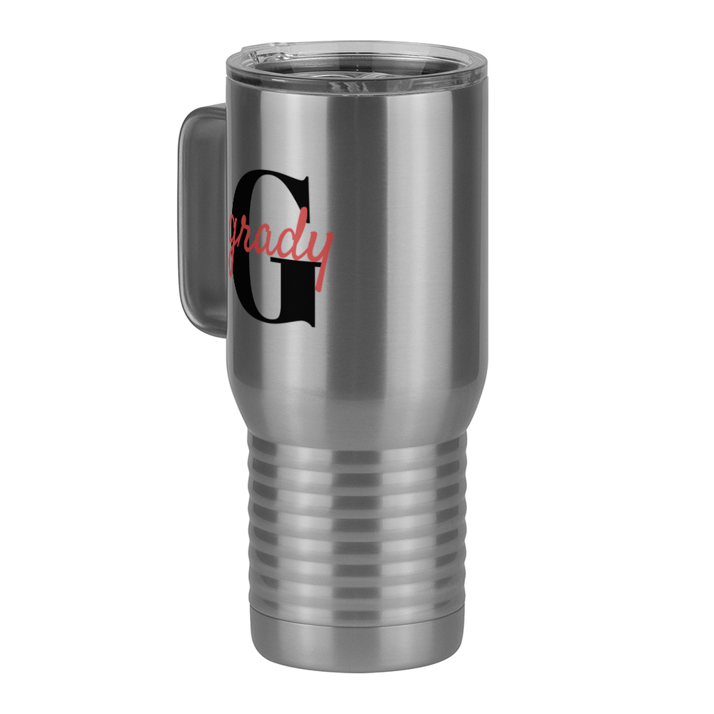 Personalized Name Over Initial Travel Coffee Mug Tumbler with Handle (20 oz) - Front Left View