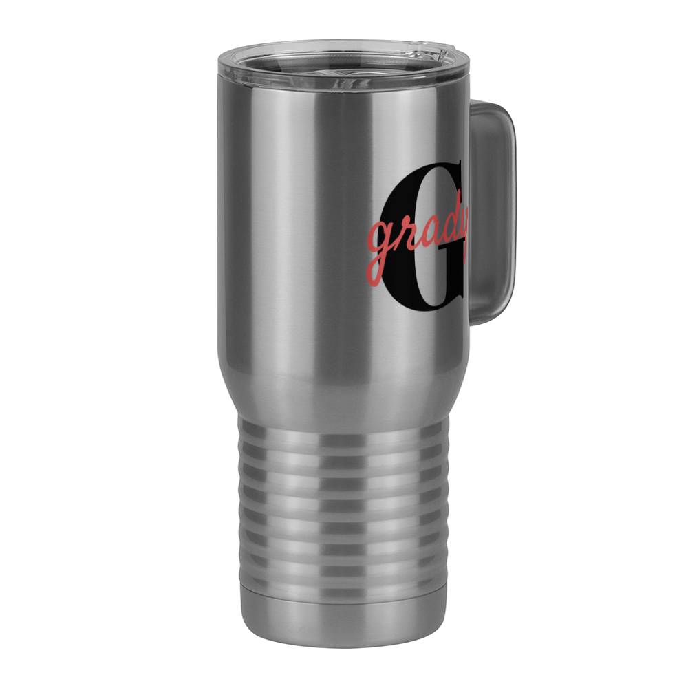 Personalized Name Over Initial Travel Coffee Mug Tumbler with Handle (20 oz) - Front Right View