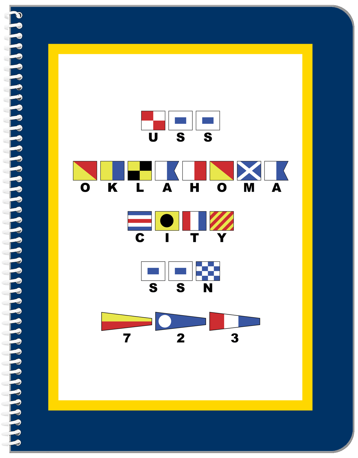 Personalized Nautical Flags Notebook - Navy Blue and Gold - Flags with Large Letters - Front View