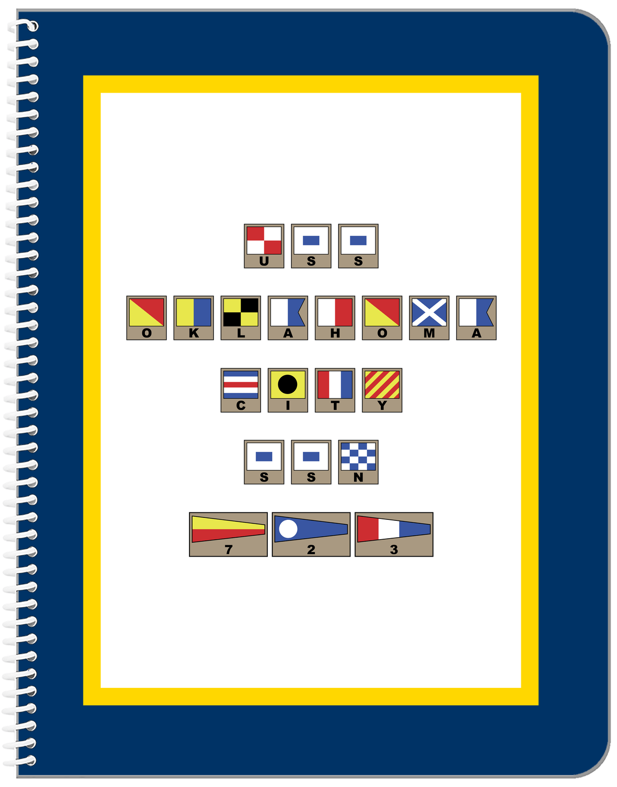 Personalized Nautical Flags Notebook - Navy Blue and Gold - Flags with Light Brown Frames - Front View