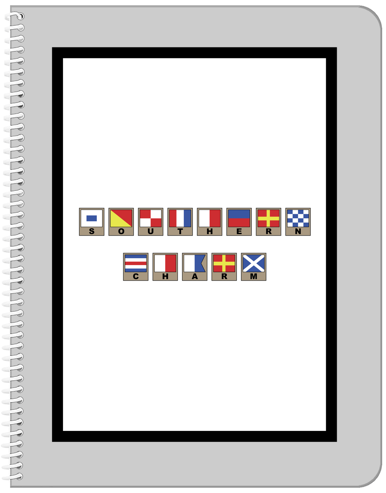 Personalized Nautical Flags Notebook - Grey and Black - Flags with Light Brown Frames - Front View