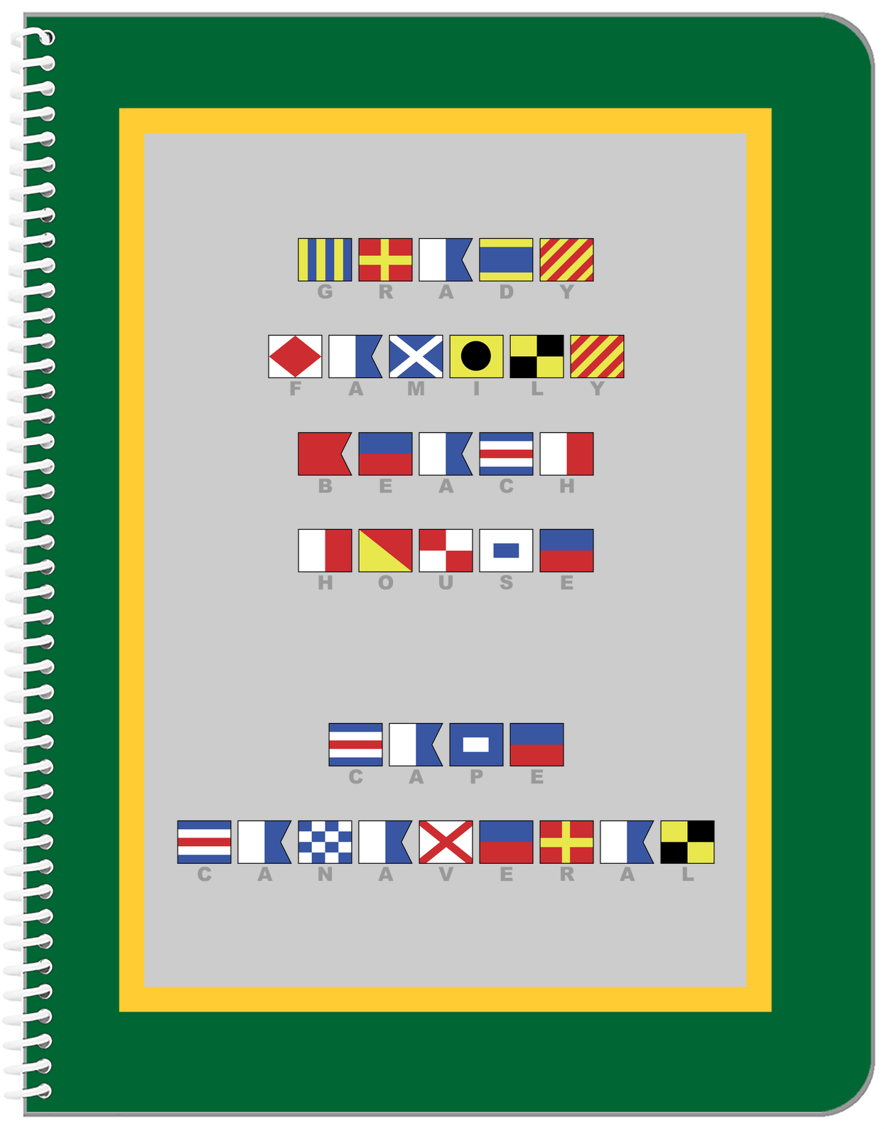 Personalized Nautical Flags Notebook - Green and Gold - Flags with Grey Letters - Front View