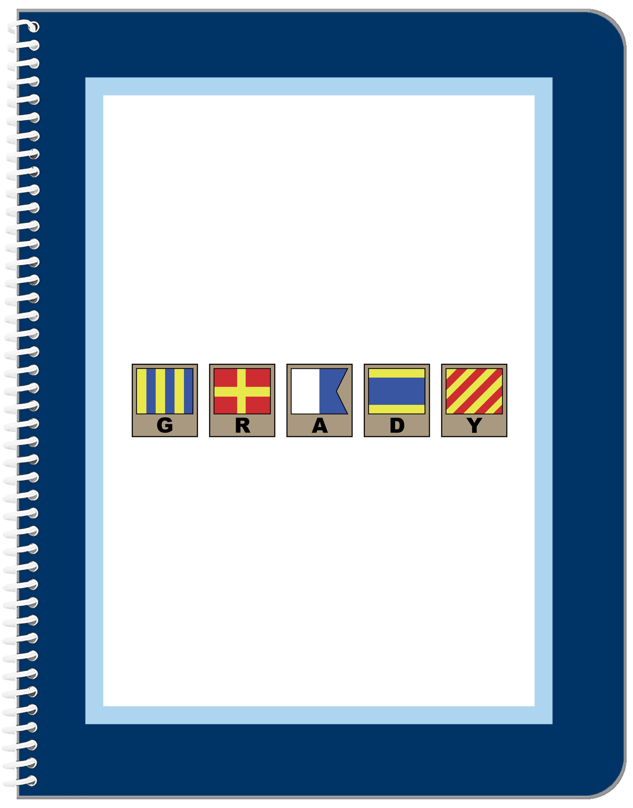 Personalized Nautical Flags Notebook - Navy and Blue - Flags with Light Brown Frames - Front View