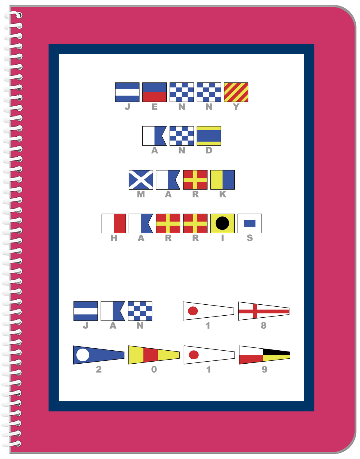 Personalized Nautical Flags Notebook - Pink and Blue - Flags with Grey Letters - Front View