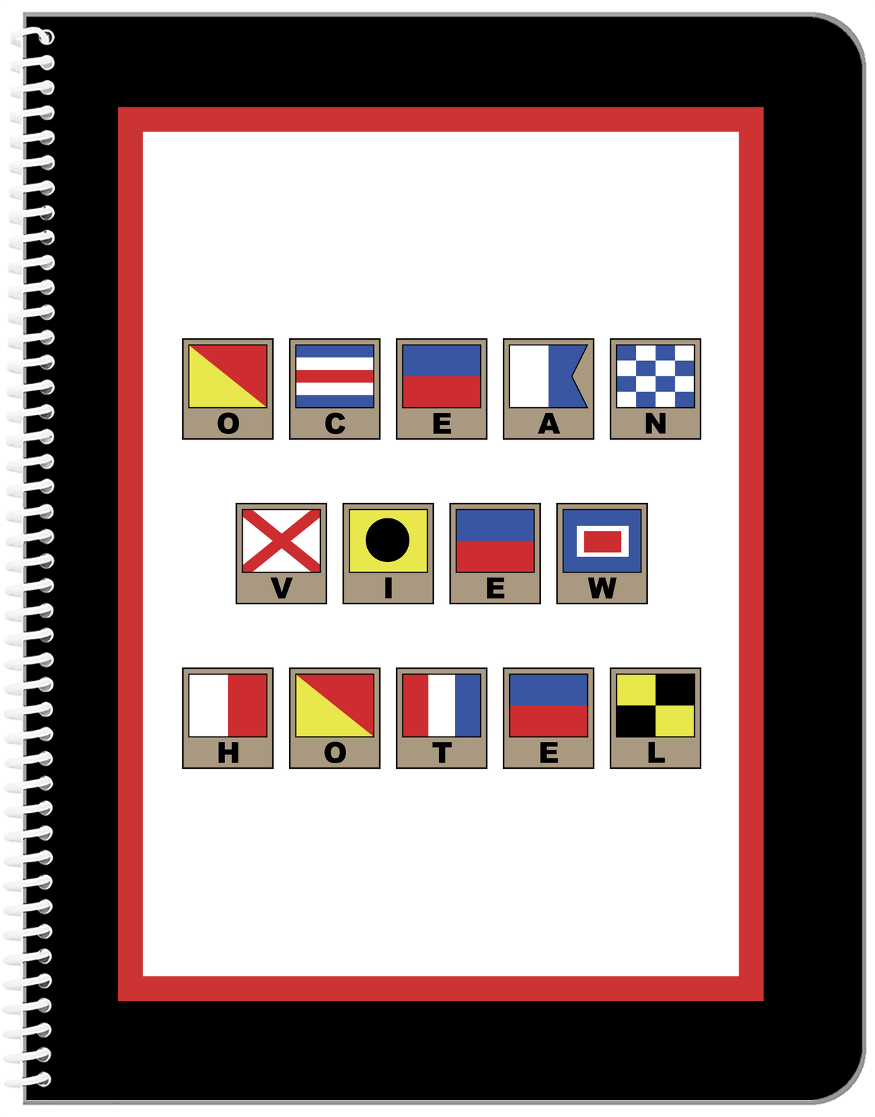 Personalized Nautical Flags Notebook - Black and Red - Flags with Light Brown Frames - Front View