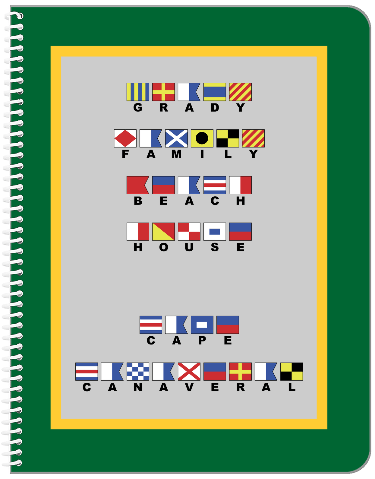 Personalized Nautical Flags Notebook - Green and Gold - Flags with Large Letters - Front View