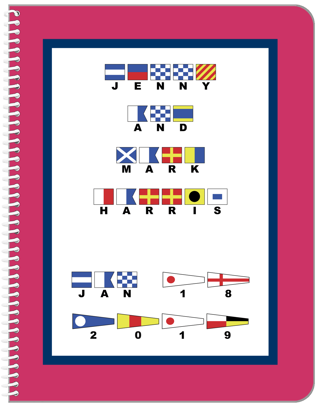 Personalized Nautical Flags Notebook - Pink and Blue - Flags with Large Letters - Front View
