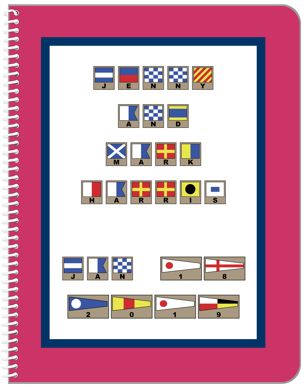 Personalized Nautical Flags Notebook - Pink and Blue - Flags with Light Brown Frames - Front View