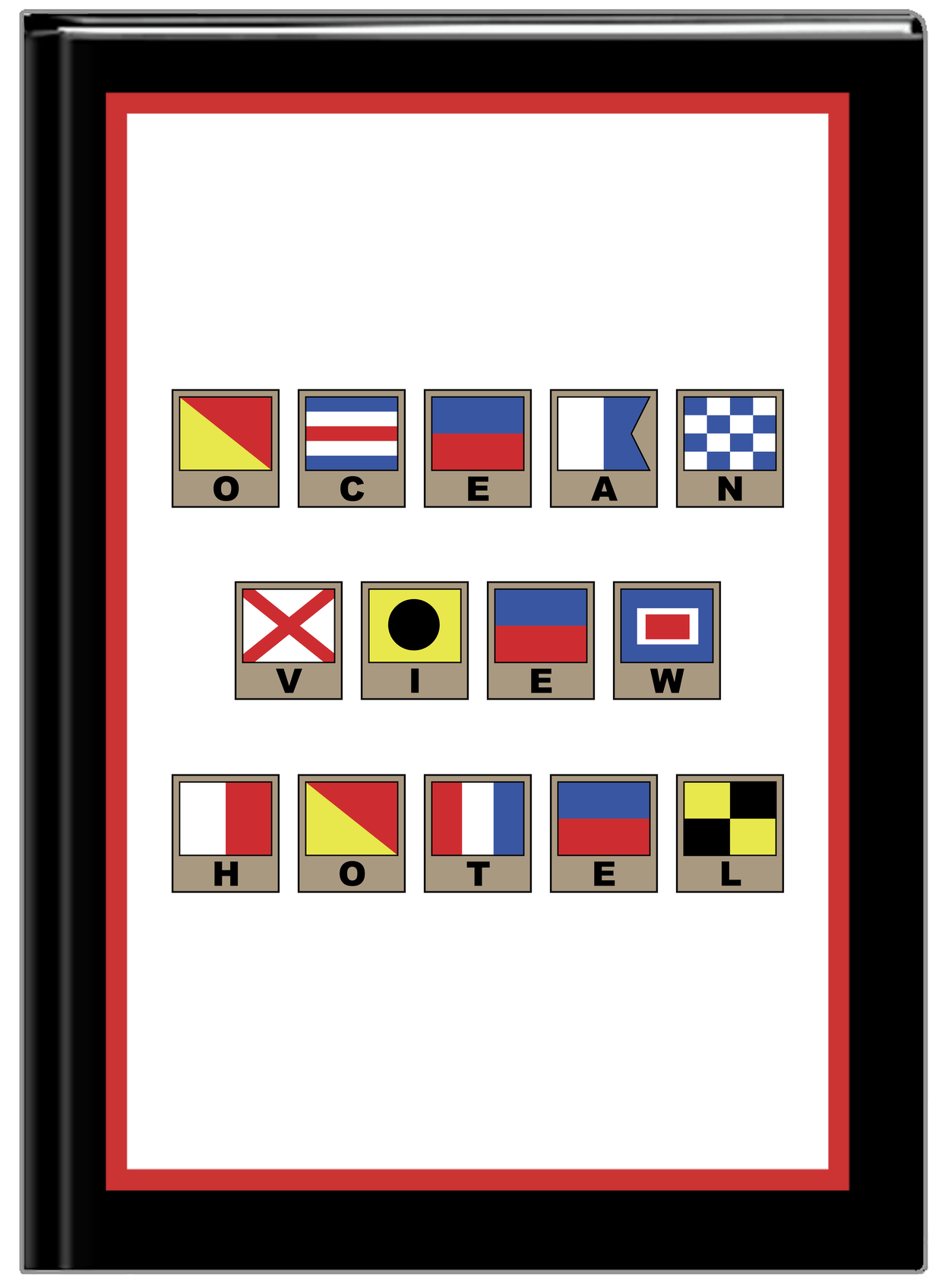 Personalized Nautical Flags Journal - Black and Red - Flags with Light Brown Frames - Front View