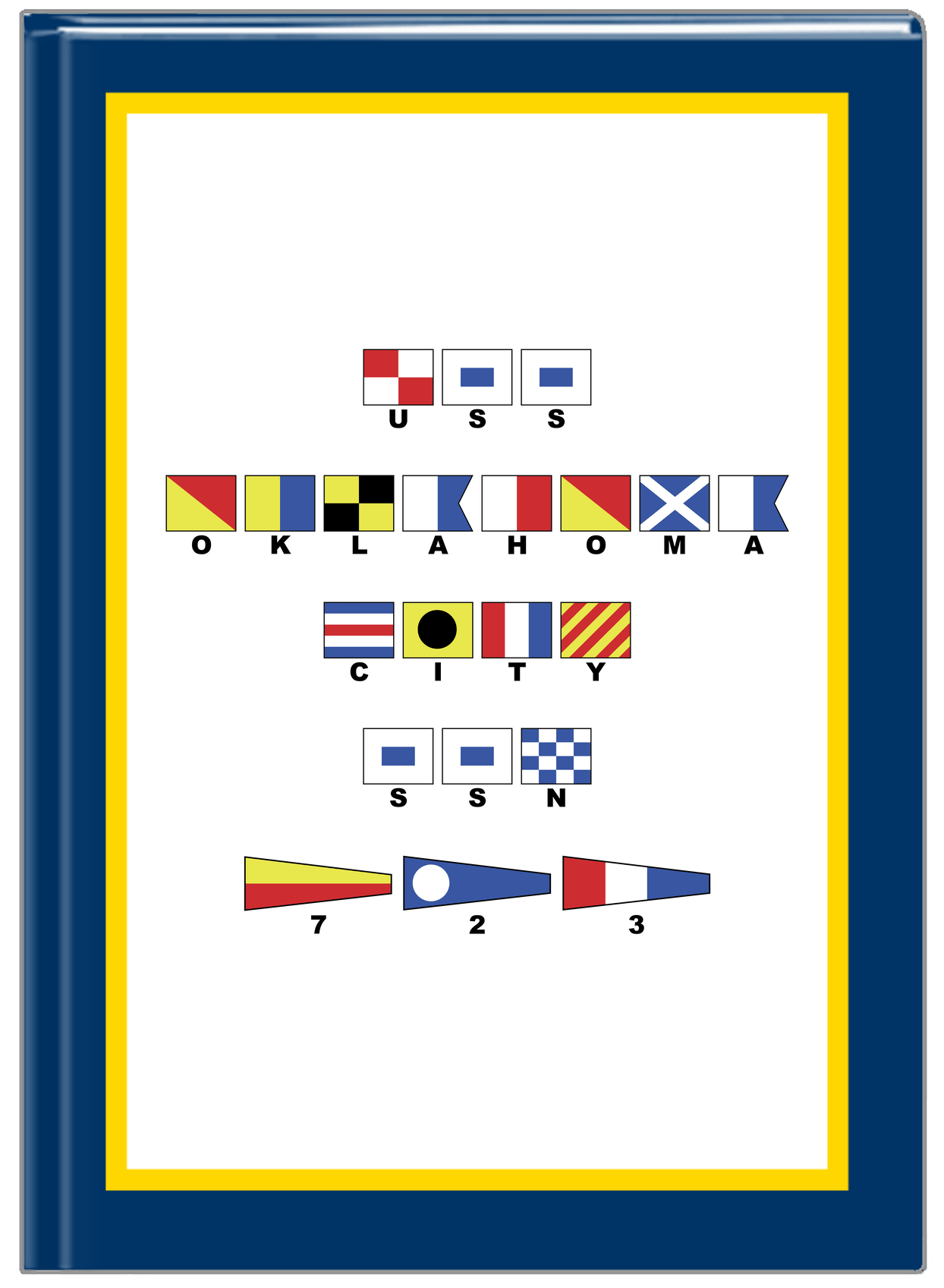 Personalized Nautical Flags Journal - Navy Blue and Gold - Flags with Small Letters - Front View