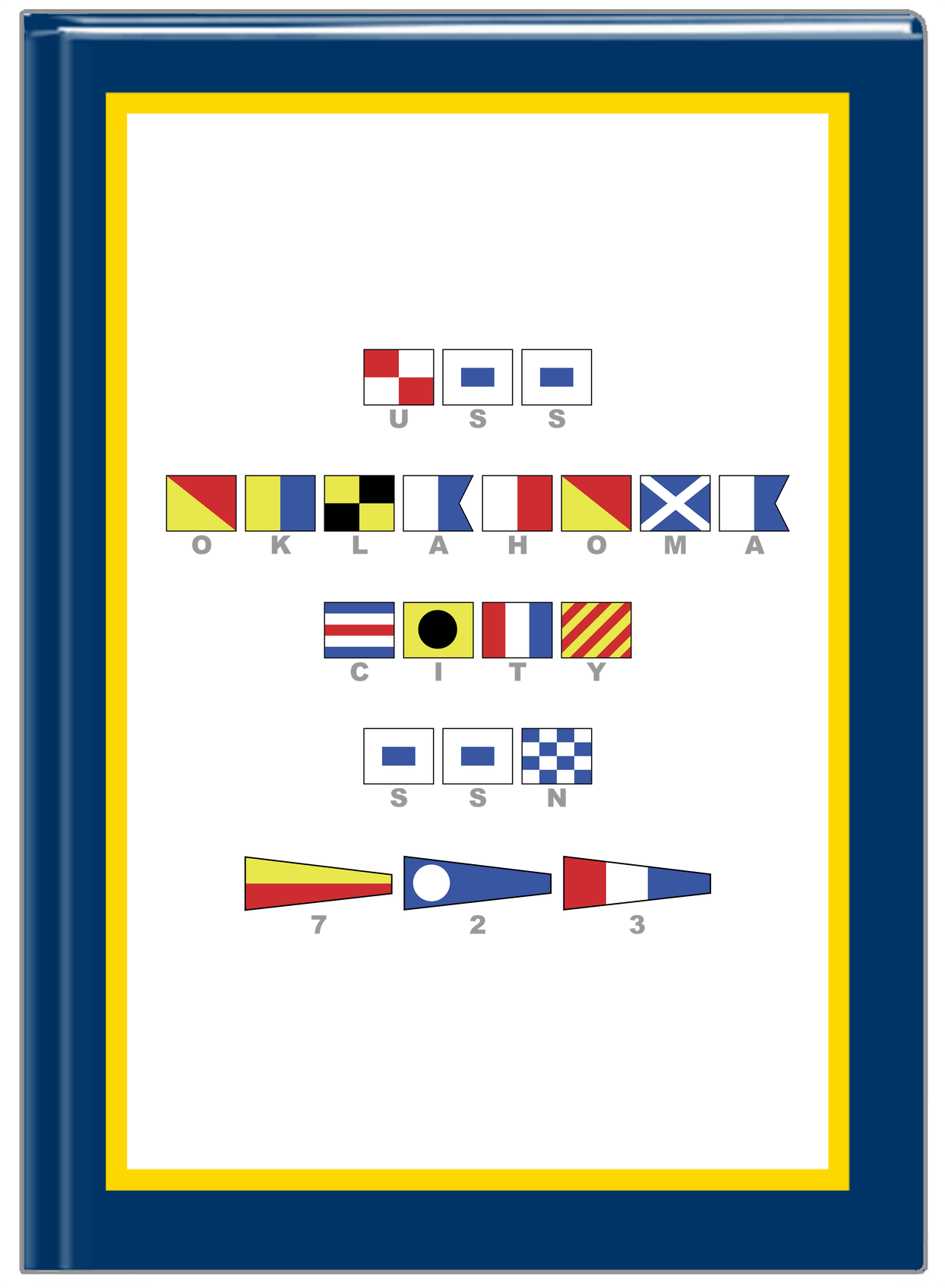 Personalized Nautical Flags Journal - Navy Blue and Gold - Flags with Grey Letters - Front View