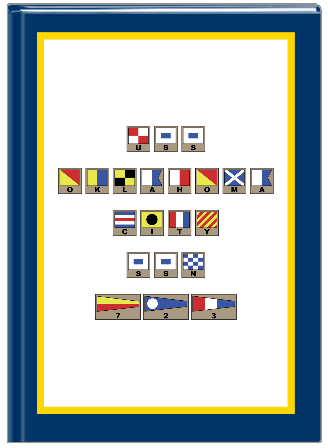 Personalized Nautical Flags Journal - Navy Blue and Gold - Flags with Light Brown Frames - Front View