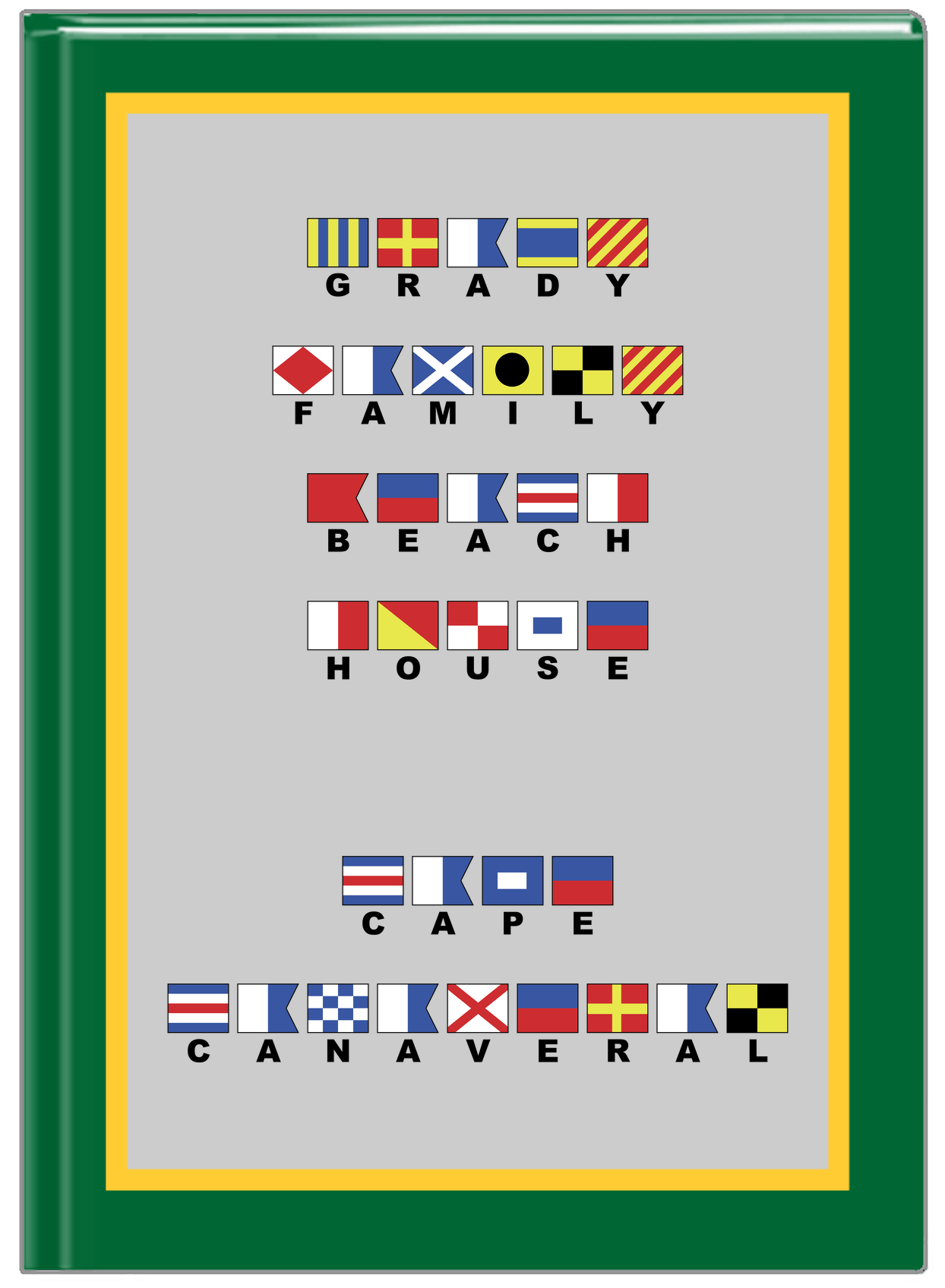 Personalized Nautical Flags Journal - Green and Gold - Flags with Large Letters - Front View