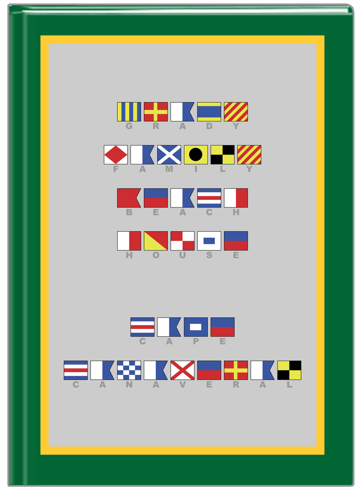 Personalized Nautical Flags Journal - Green and Gold - Flags with Grey Letters - Front View