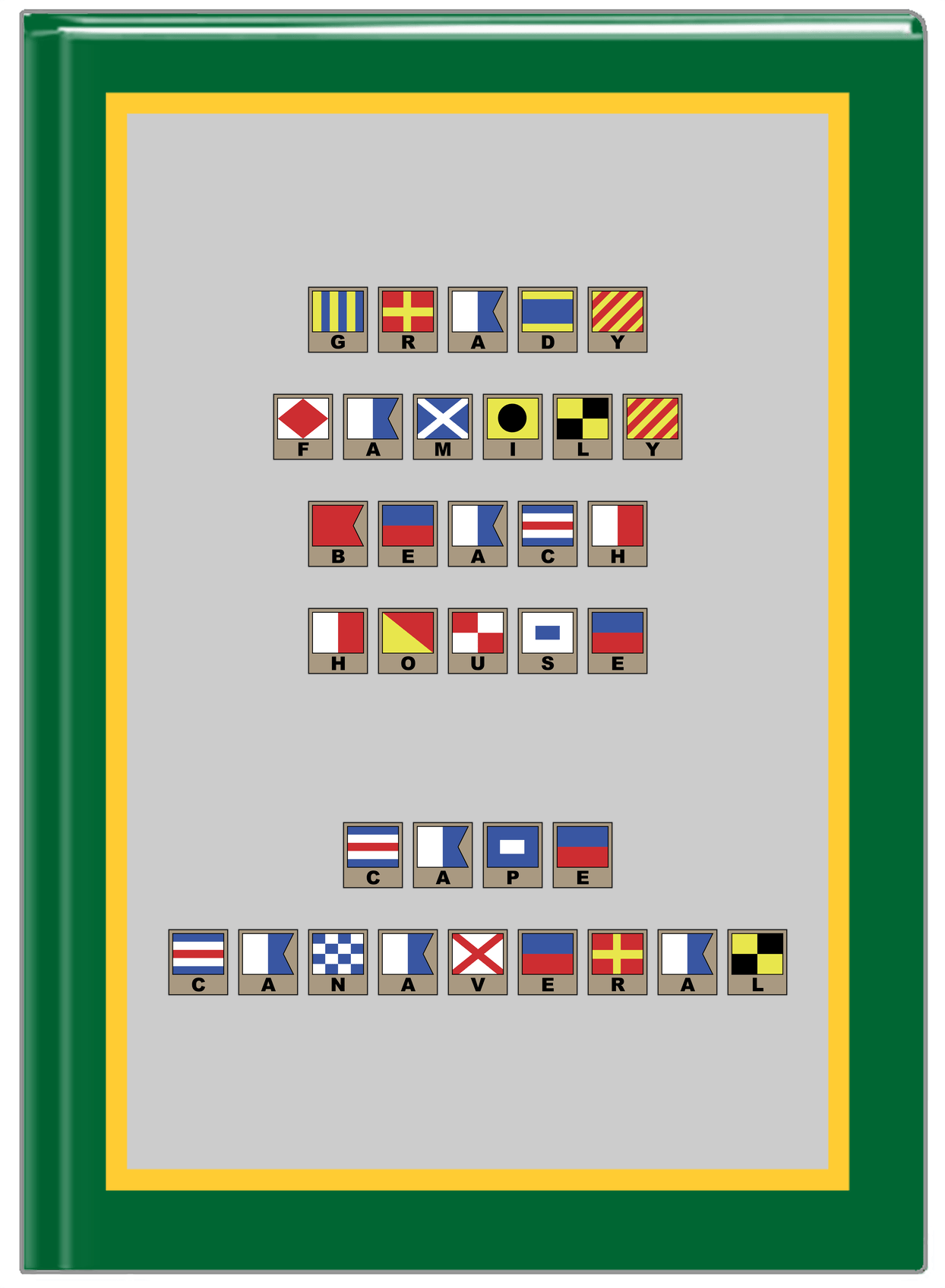Personalized Nautical Flags Journal - Green and Gold - Flags with Light Brown Frames - Front View